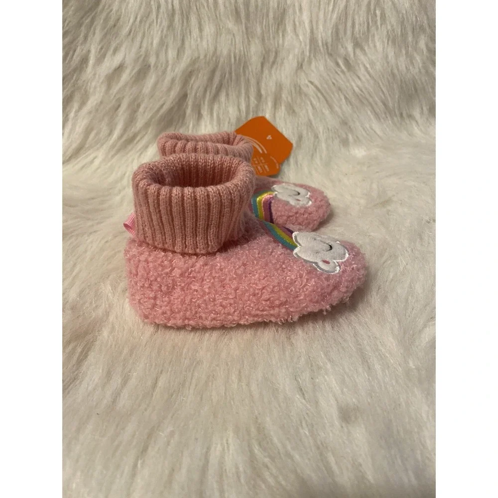 Wonder Nation Slippers Girls Size 4 Pink Fuzzy Rainbow Bootie Shoes‎